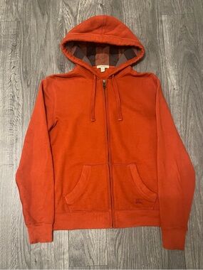 Vintage Burberry Men's Orange Zip-Up Hoodie Sweatshirt